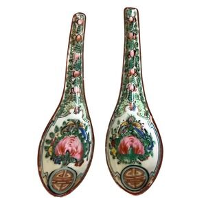 Vintage Porcelain Floral Soup Spoons Pair Rose Medallion Hand Painted Colorful
